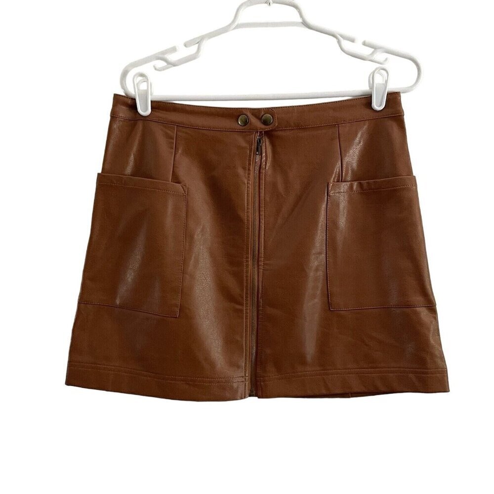 Sadie & Sage Women M Brown Faux Leather Pockets Boho Retro High Rise Mini Skirt